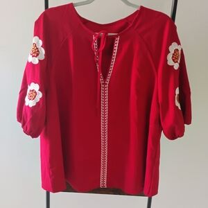 SHEIN Red Floral Embroidered Blouse